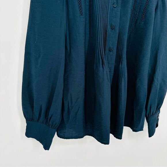 Ba&sh Laure Pintuck Button Front Shirt Puff Sleeve Crochet Trim Blue Women's XS - Picture 5 of 7